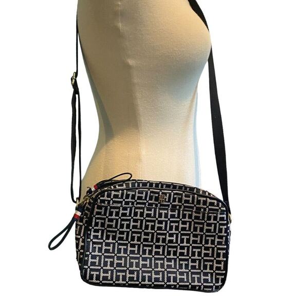 Tommy Hilfiger Handbags - Tommy Hilfiger Crossbody Monogram Dual Zip Pocket Shoulder Bag Black White
